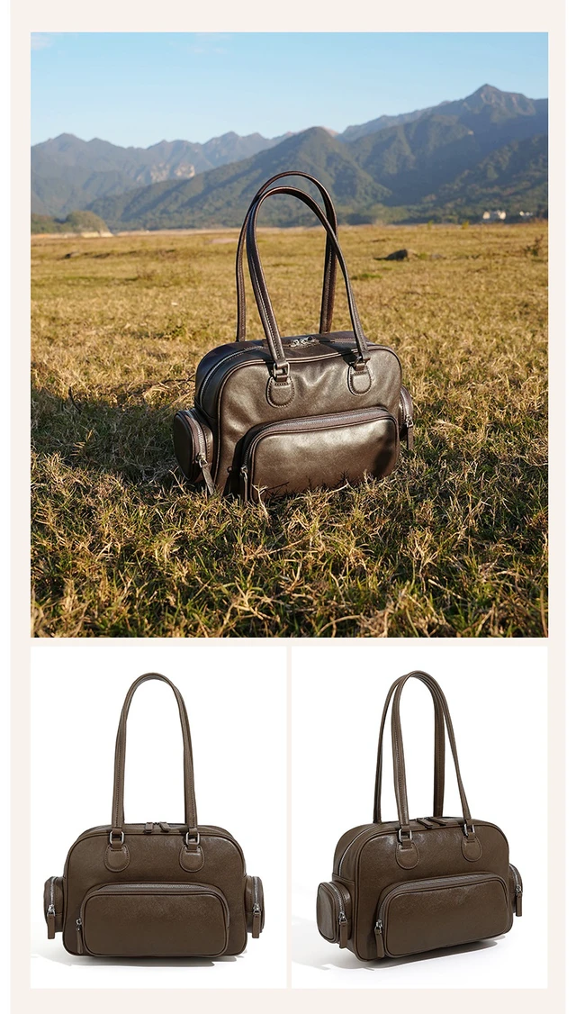 Alt view image 3 of 3 - Genuine Leather Women Tote Bag Top-handle Shoulder Bag Brown