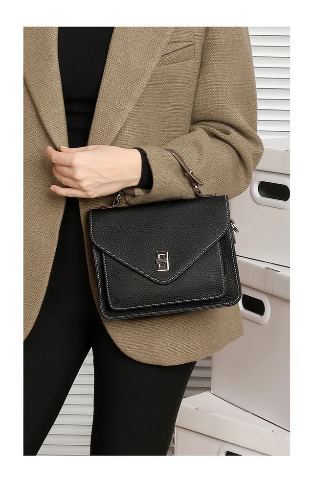 Alt view image 4 of 6 - New French Crossbody Bag Small Square Bag Genuine Leather Handbag Black