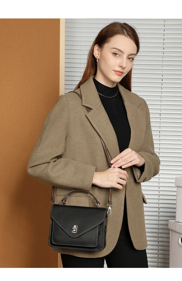 Alt view image 5 of 6 - New French Crossbody Bag Small Square Bag Genuine Leather Handbag Black