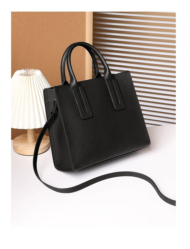 Alt view image 6 of 6 - Genuine Leather Women Top Handle Straw Crossbody Bags Black