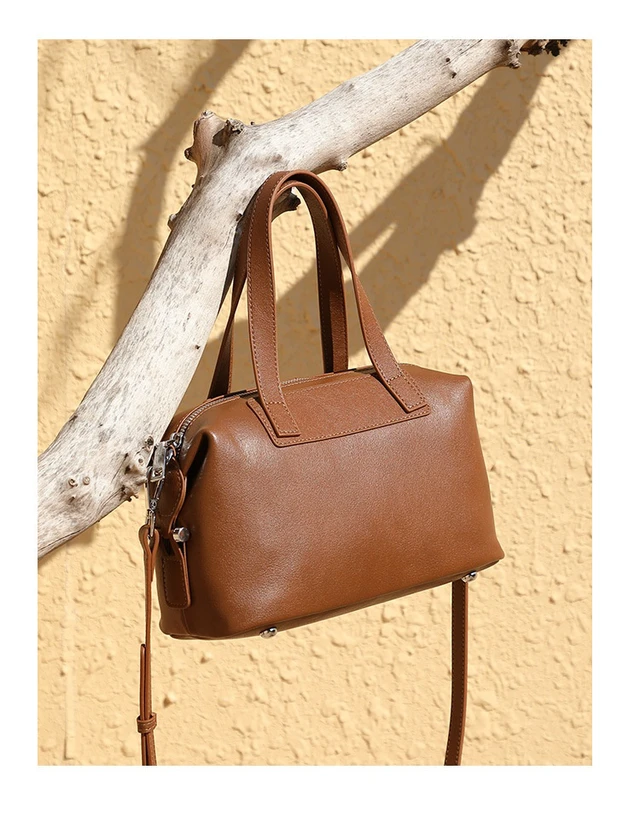 Alt view image 3 of 5 - Genuine Leather Women's Handbag Vintage Boston Handbag Brown