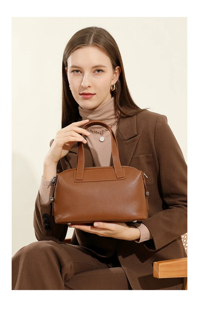 Alt view image 5 of 5 - Genuine Leather Women's Handbag Vintage Boston Handbag Brown