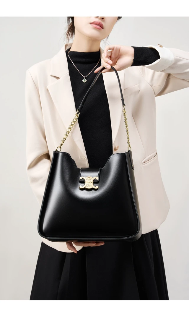 Alt view image 4 of 5 - Genuine Leather Handbag Women Shoulder Tote Bag Black