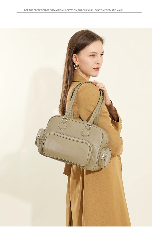 Alt view image 2 of 3 - Genuine Leather Women Tote Bag Top-handle Shoulder Bag Grey