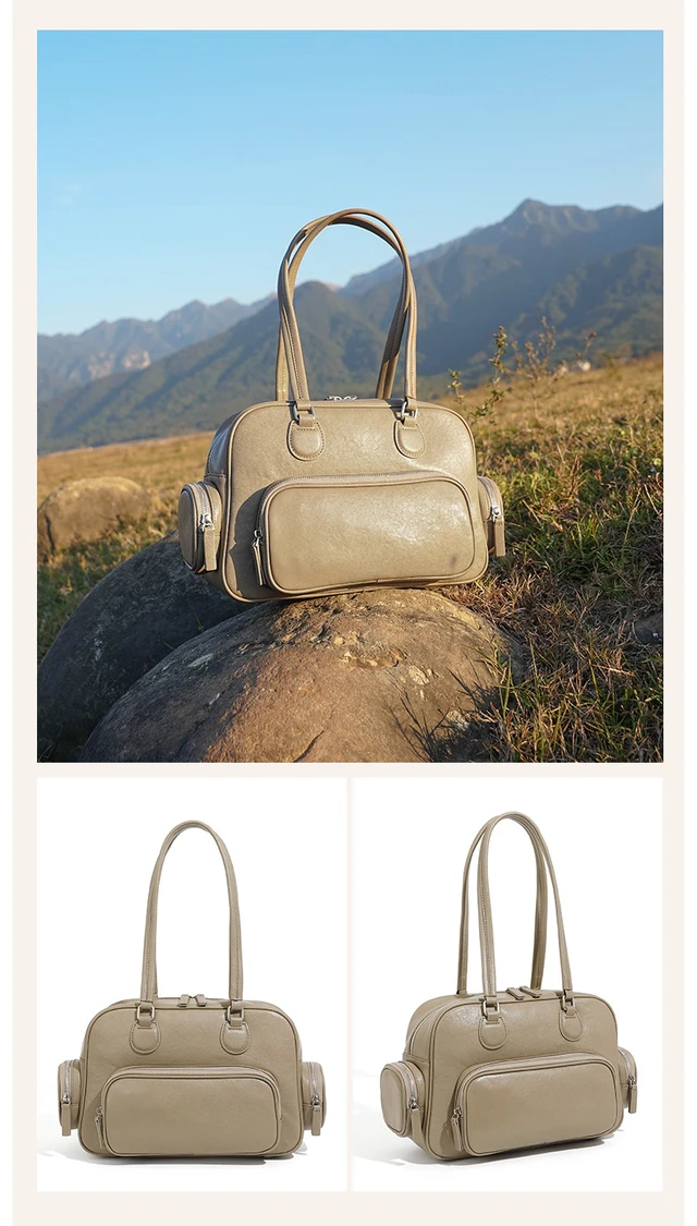Alt view image 3 of 3 - Genuine Leather Women Tote Bag Top-handle Shoulder Bag Grey