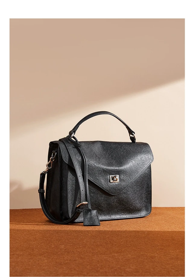 Alt view image 6 of 6 - Genuine Leather Women Medium Top Handle Handbags Black