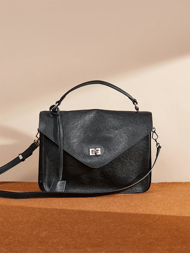 Alt view image 5 of 6 - Genuine Leather Women Medium Top Handle Handbags Black