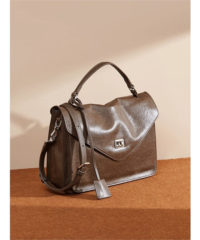 Alt view image 4 of 4 - Genuine Leather Women Medium Top Handle Handbags Brown