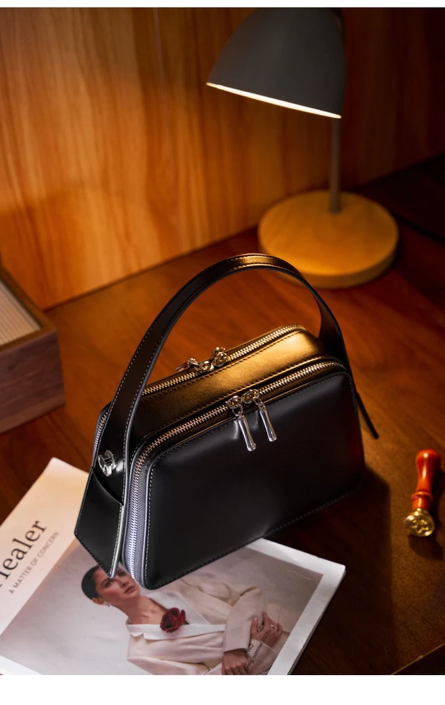 Alt view image 3 of 3 - Genuine Leather Cute Tote Handbags Crossbody Bag with Long Strap Black