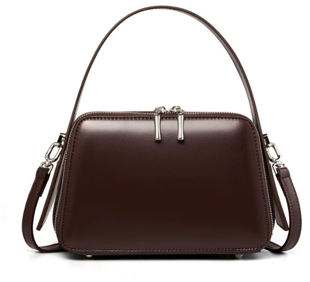 Main image of Genuine Leather Cute Tote Handbags Crossbody Bag with Long Strap Brown
