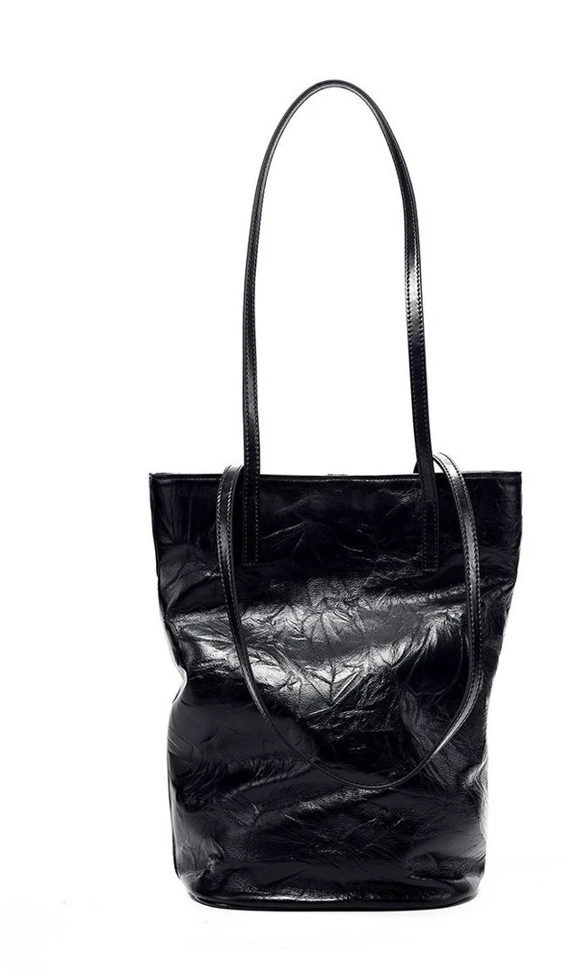 Main image of Women Cowhide Bucket Bag Large Capacity Retro Shoulder Bag Black