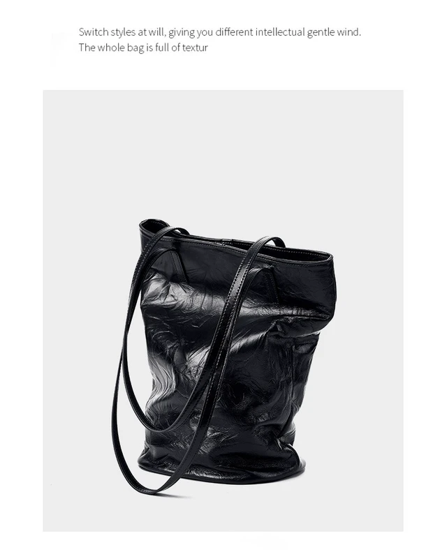 Alt view image 3 of 4 - Women Cowhide Bucket Bag Large Capacity Retro Shoulder Bag Black