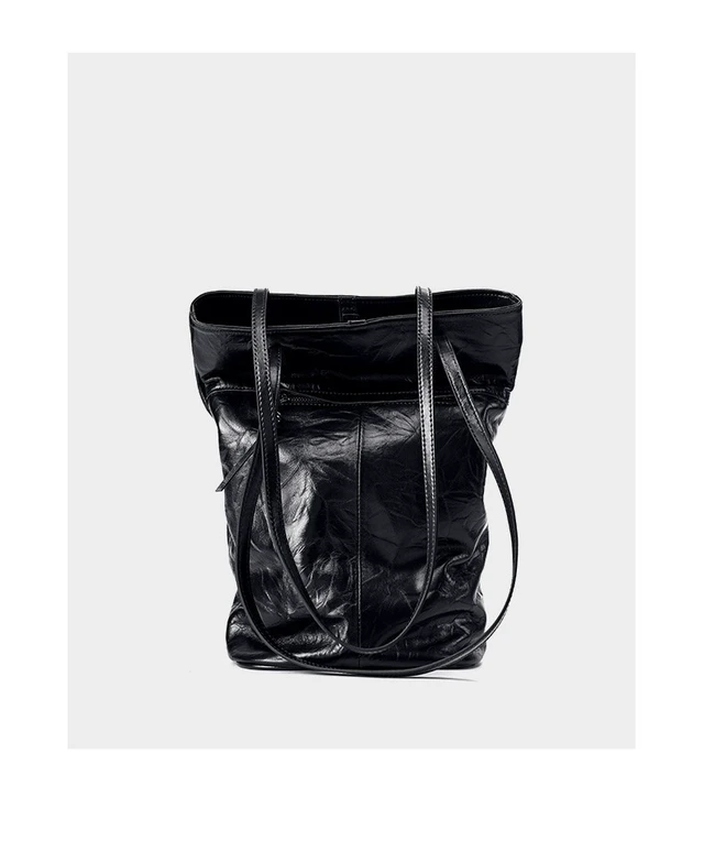 Alt view image 4 of 4 - Women Cowhide Bucket Bag Large Capacity Retro Shoulder Bag Black