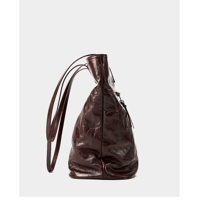 Alt view image 5 of 5 - Women Cowhide Bucket Bag Large Capacity Retro Shoulder Bag Brown