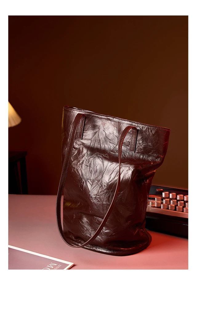 Alt view image 3 of 5 - Women Cowhide Bucket Bag Large Capacity Retro Shoulder Bag Brown