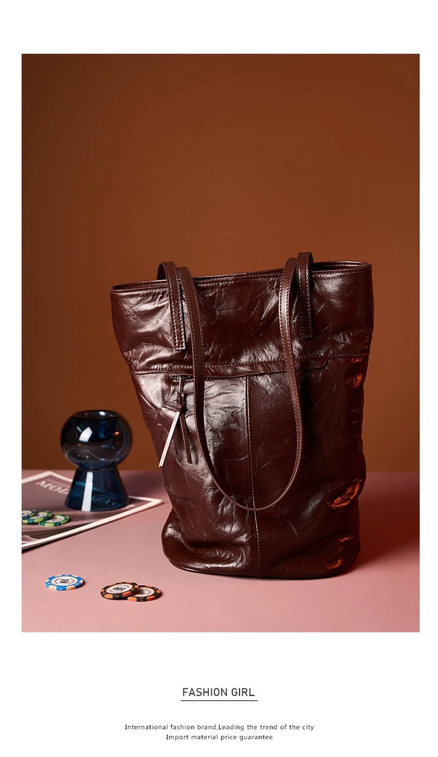 Alt view image 2 of 5 - Women Cowhide Bucket Bag Large Capacity Retro Shoulder Bag Brown