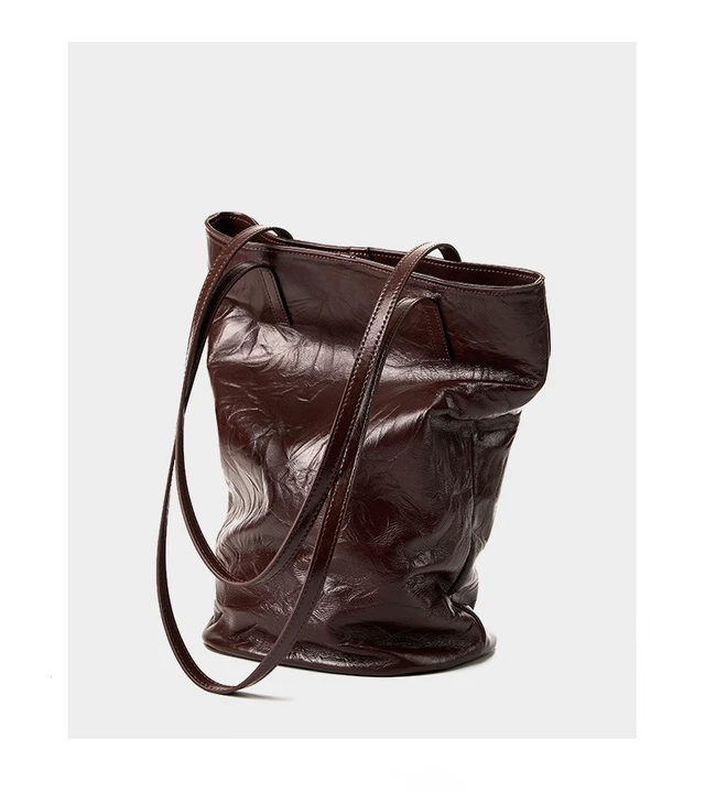 Alt view image 4 of 5 - Women Cowhide Bucket Bag Large Capacity Retro Shoulder Bag Brown