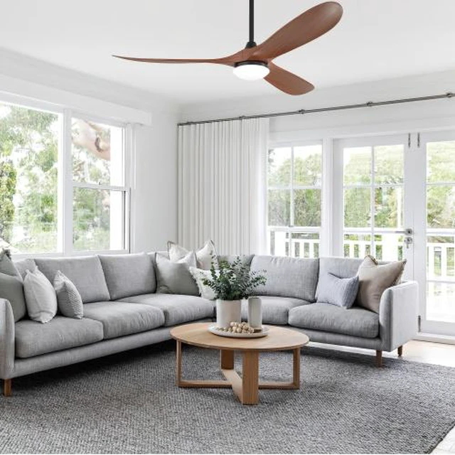 Alt view image 2 of 7 - 60 in. LED Indoor/Outdoor Flush Mount Matte Black Ceiling Fan with Wood Blades, 6-Speed DC Remote Control
