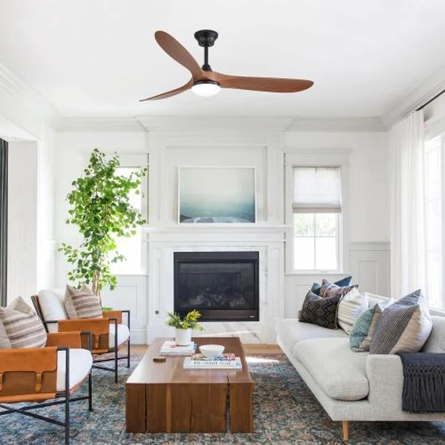 Alt view image 5 of 7 - 60 in. LED Indoor/Outdoor Flush Mount Matte Black Ceiling Fan with Wood Blades, 6-Speed DC Remote Control