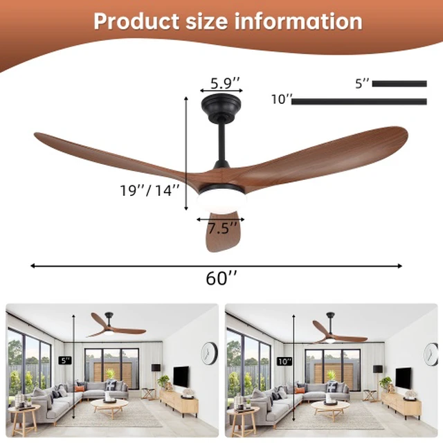 Alt view image 4 of 7 - 60 in. LED Indoor/Outdoor Flush Mount Matte Black Ceiling Fan with Wood Blades, 6-Speed DC Remote Control