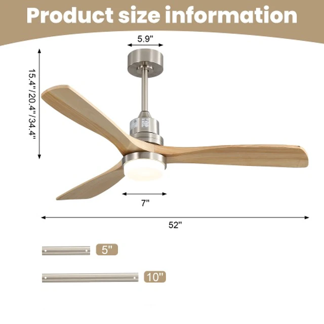 Alt view image 3 of 7 - 52 Inch Smart Ceiling Fan with Sand Nickel Finish 3 Natural Wood Blades LED 18W Triple Color Dimmable Memory Lighting and Remote Control