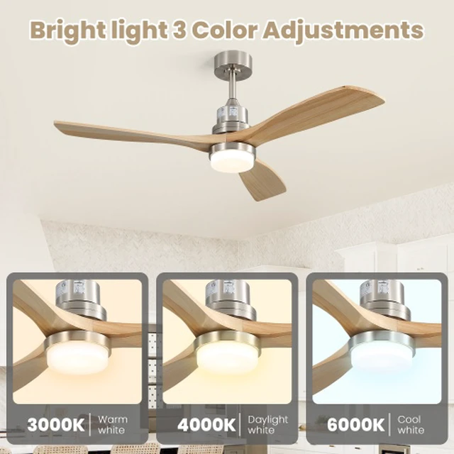 Alt view image 2 of 7 - 52 Inch Smart Ceiling Fan with Sand Nickel Finish 3 Natural Wood Blades LED 18W Triple Color Dimmable Memory Lighting and Remote Control