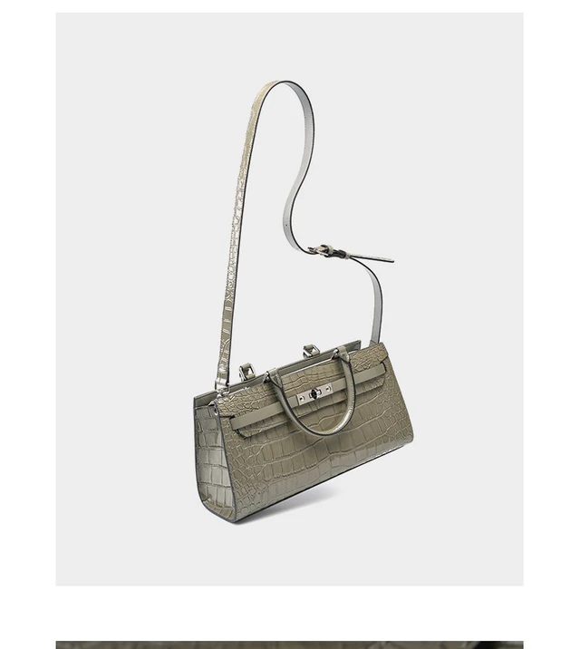 Alt view image 3 of 7 - Kelly Bag Crocodile Pattern Cowhide Women's Bag Wew Crossbody Large Capacity Bag Grey