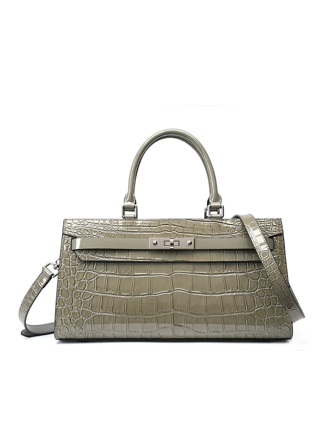 Alt view image 4 of 7 - Kelly Bag Crocodile Pattern Cowhide Women's Bag Wew Crossbody Large Capacity Bag Grey