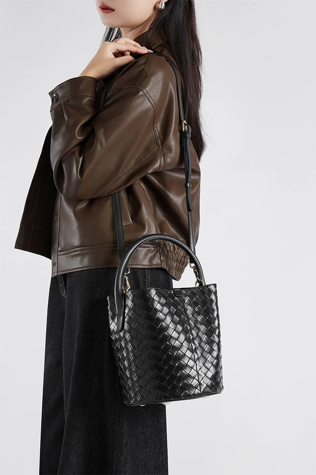 Alt view image 2 of 3 - Genuine Leather Handbag Woven Crossbody Bag Black