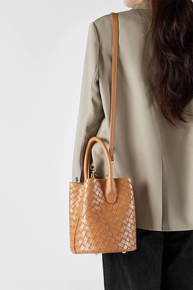 Alt view image 2 of 3 - Genuine Leather Handbag Woven Crossbody Bag Brown