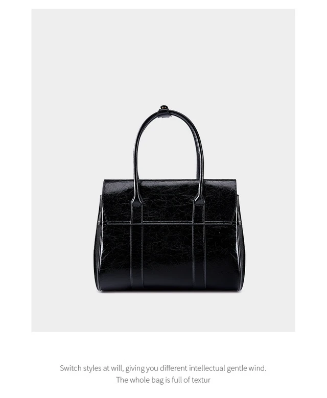 Alt view image 5 of 5 - Large Capacity Soft Genuine Leather Tote Bag Black