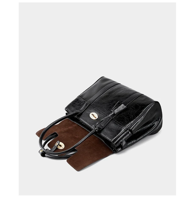 Alt view image 4 of 5 - Large Capacity Soft Genuine Leather Tote Bag Black