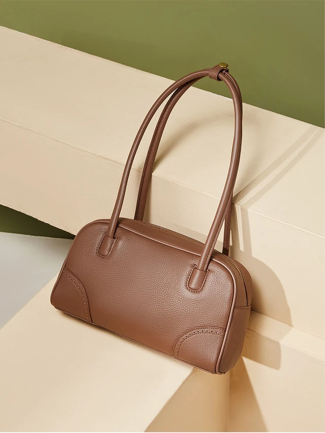 Alt view image 2 of 3 - Genuine Leather Handbag Large Capacity Bowling Bag Brown