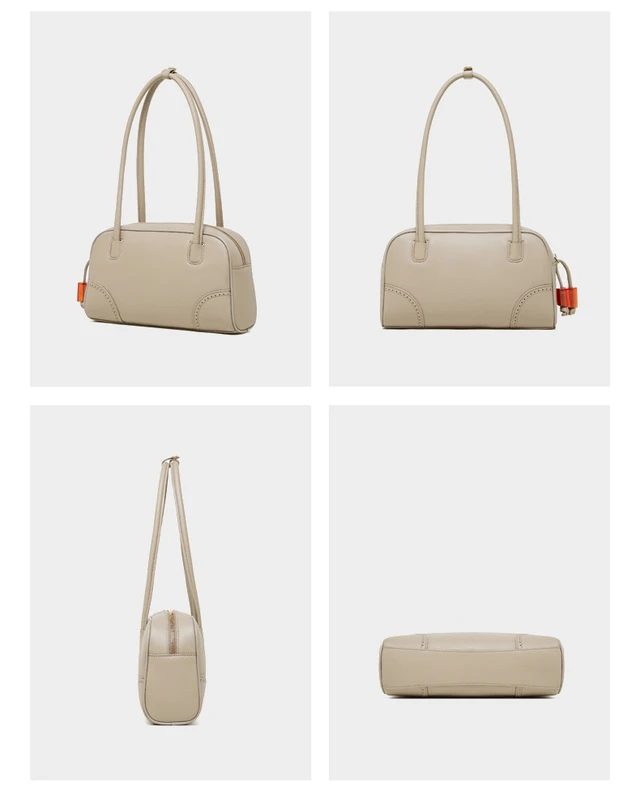 Alt view image 3 of 3 - Genuine Leather Handbag Large Capacity Bowling Bag Cream