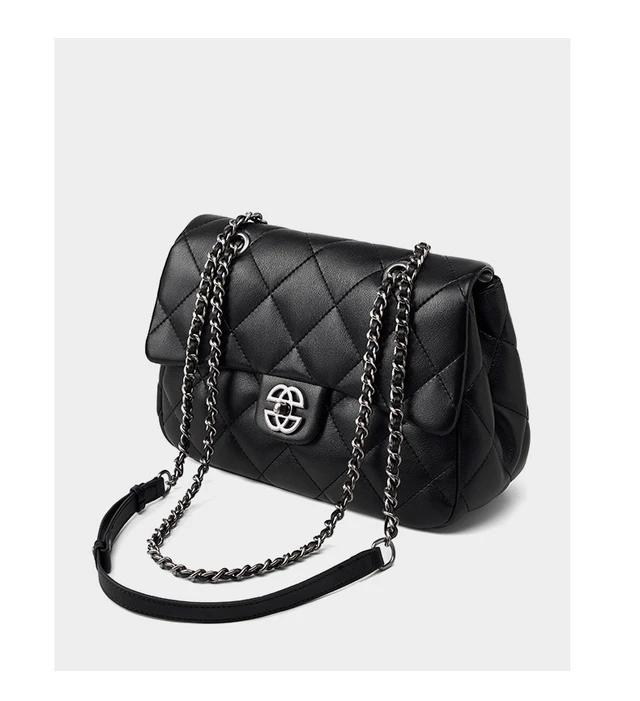 Alt view image 2 of 5 - Genuine Leather Crossbody Bag Diamond Grid Chain Women's Bag Black
