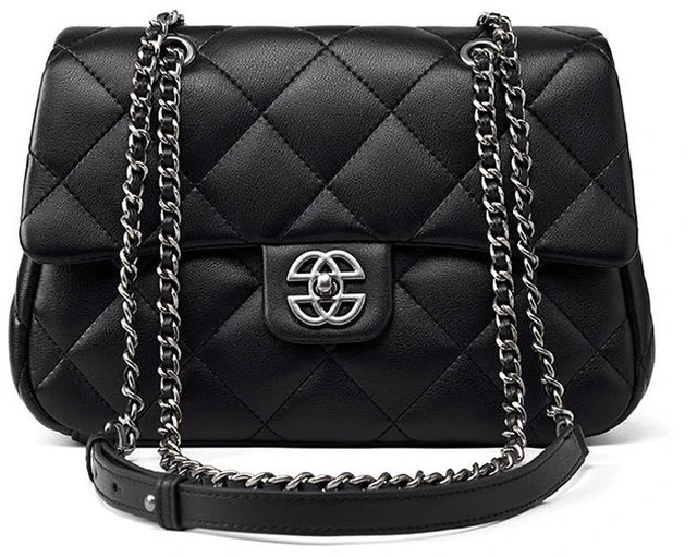 Main image of Genuine Leather Crossbody Bag Diamond Grid Chain Women's Bag Black