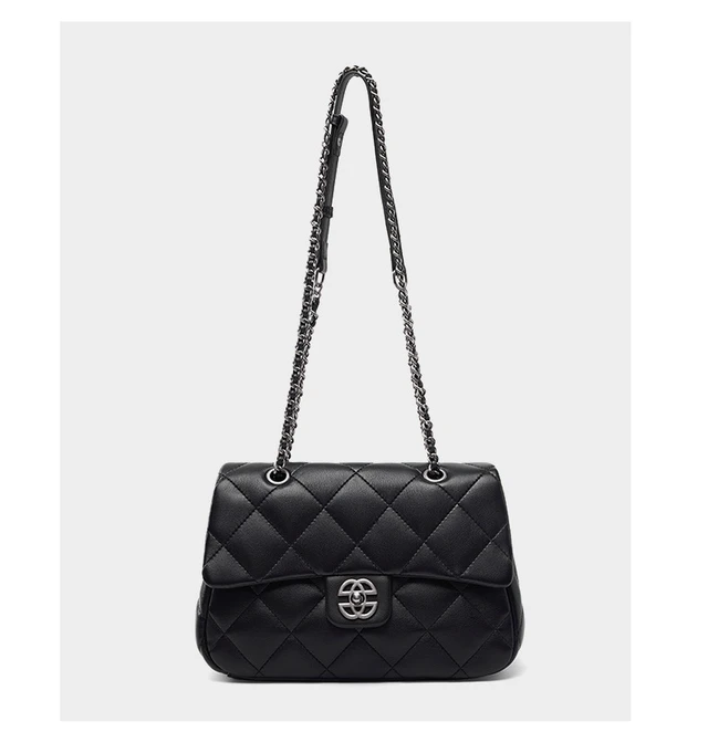 Alt view image 3 of 5 - Genuine Leather Crossbody Bag Diamond Grid Chain Women's Bag Black