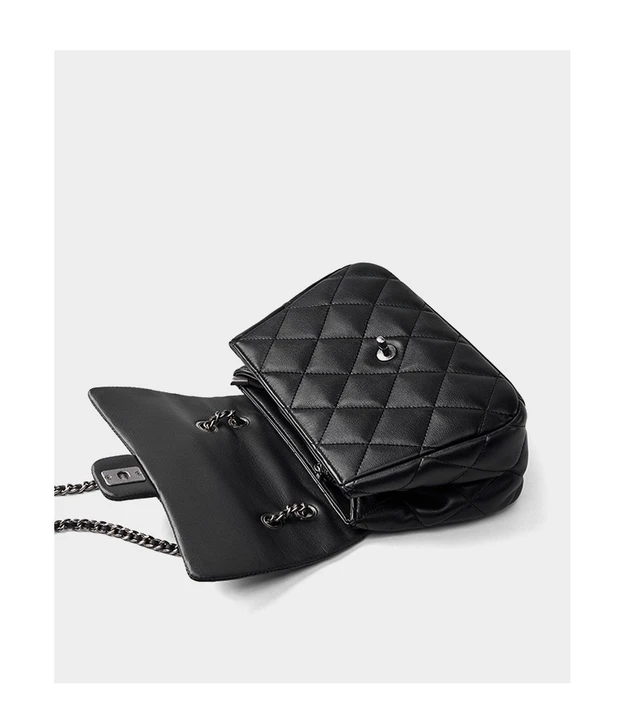Alt view image 4 of 5 - Genuine Leather Crossbody Bag Diamond Grid Chain Women's Bag Black