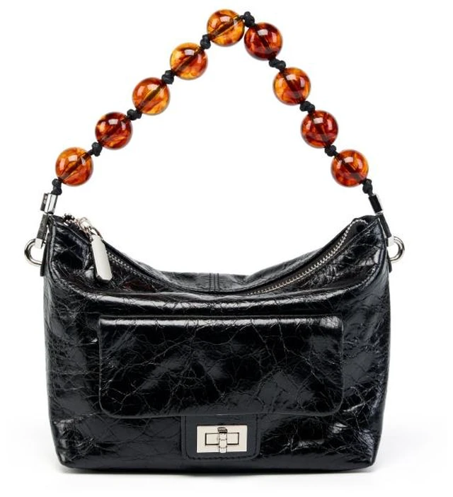 Main image of Genuine Leather Vintage Oil Wax Leather Pleated Handbag Black