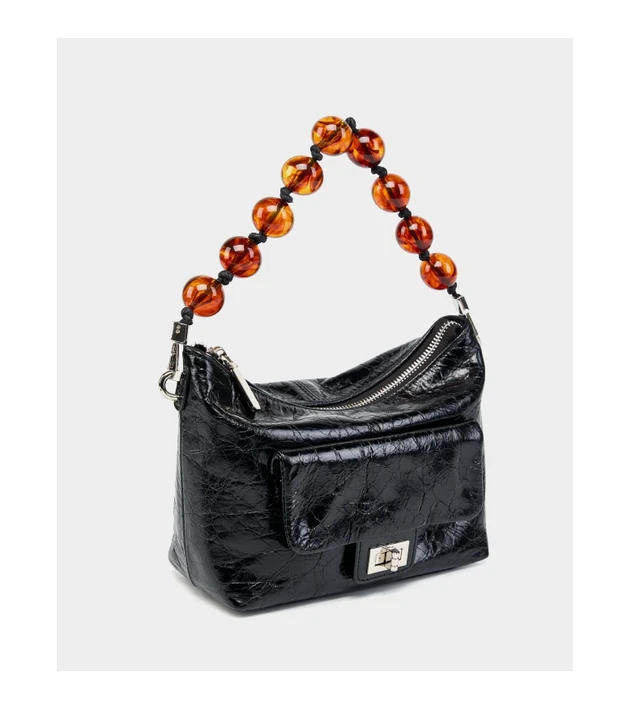 Alt view image 2 of 5 - Genuine Leather Vintage Oil Wax Leather Pleated Handbag Black