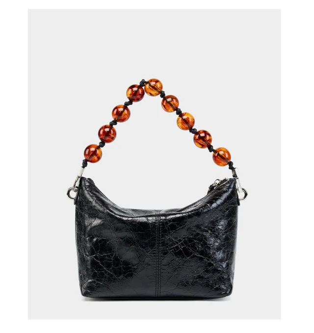 Alt view image 3 of 5 - Genuine Leather Vintage Oil Wax Leather Pleated Handbag Black