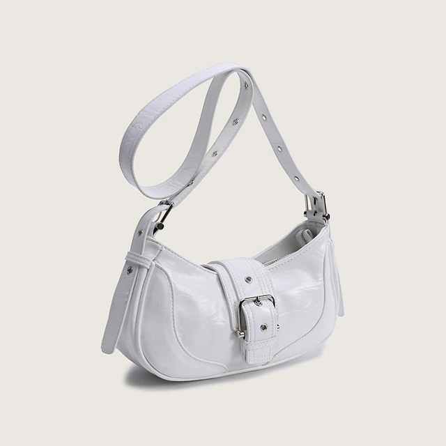 Alt view image 2 of 2 - Genuine Leather Diagonal Shoulder Saddle Bag White