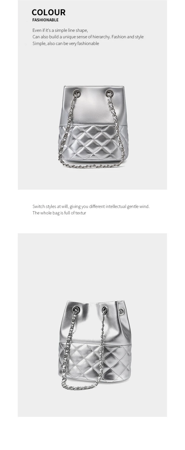 Alt view image 3 of 3 - Genuine Leather Chain Bucket Bag Silver