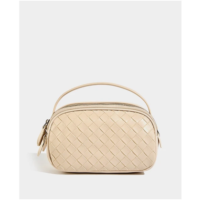 Alt view image 2 of 4 - Genuine Leather Knitted Double Zipper Shoulder Crossbody Bag White