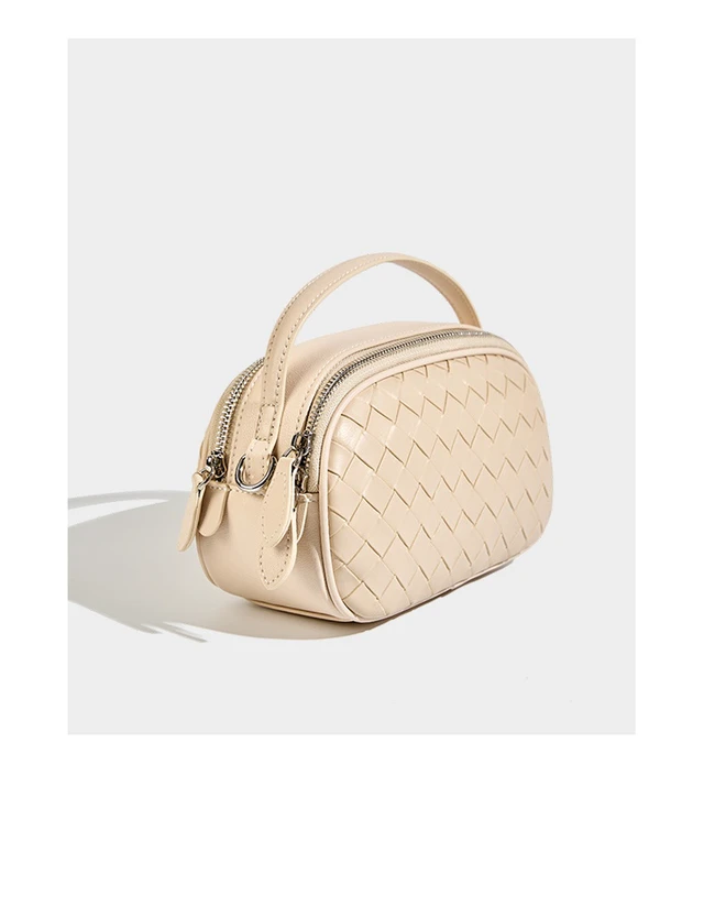 Alt view image 4 of 4 - Genuine Leather Knitted Double Zipper Shoulder Crossbody Bag White