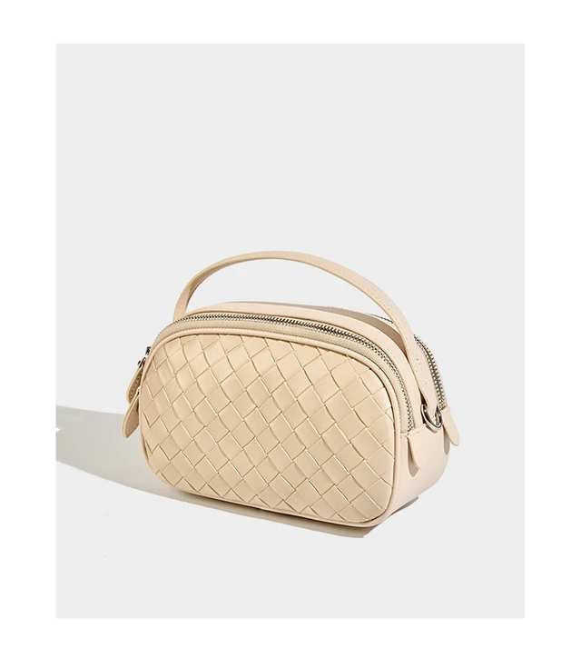 Alt view image 3 of 4 - Genuine Leather Knitted Double Zipper Shoulder Crossbody Bag White
