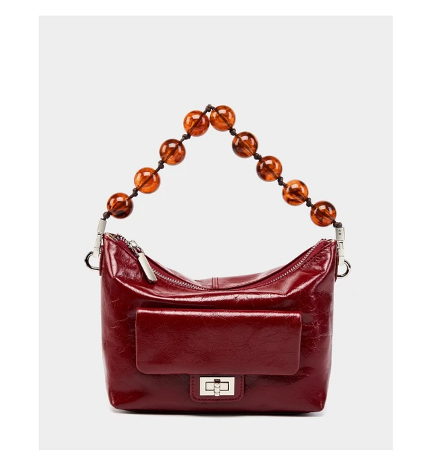 Alt view image 2 of 4 - Genuine Leather Vintage Oil Wax Leather Pleated Handbag Red