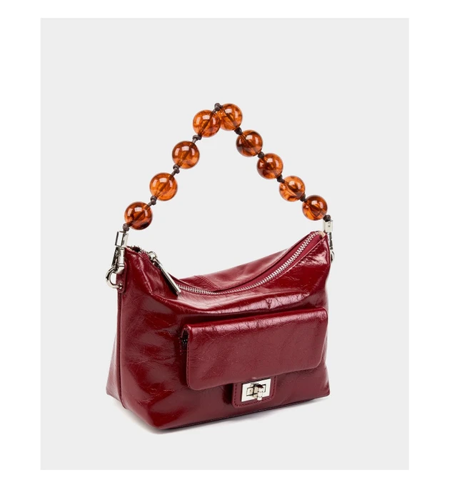 Alt view image 3 of 4 - Genuine Leather Vintage Oil Wax Leather Pleated Handbag Red