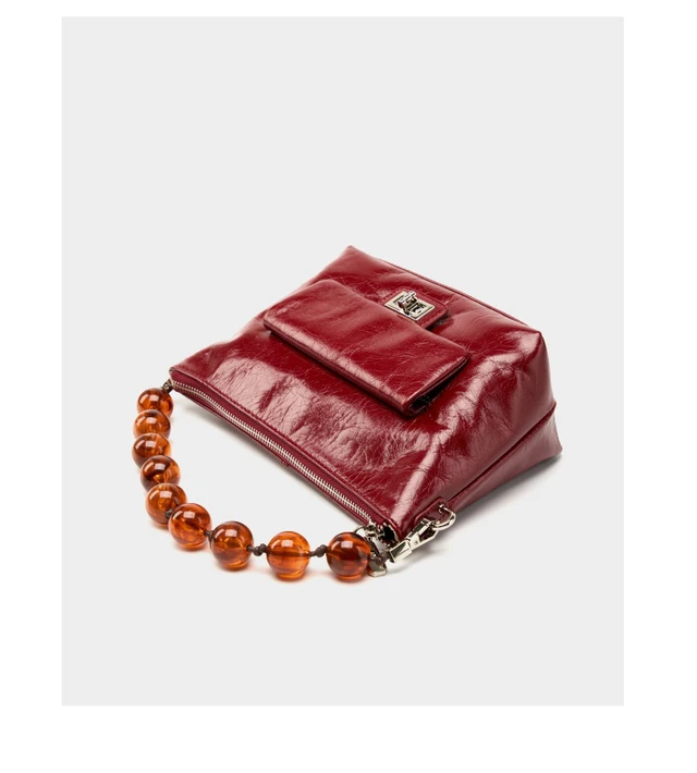 Alt view image 4 of 4 - Genuine Leather Vintage Oil Wax Leather Pleated Handbag Red