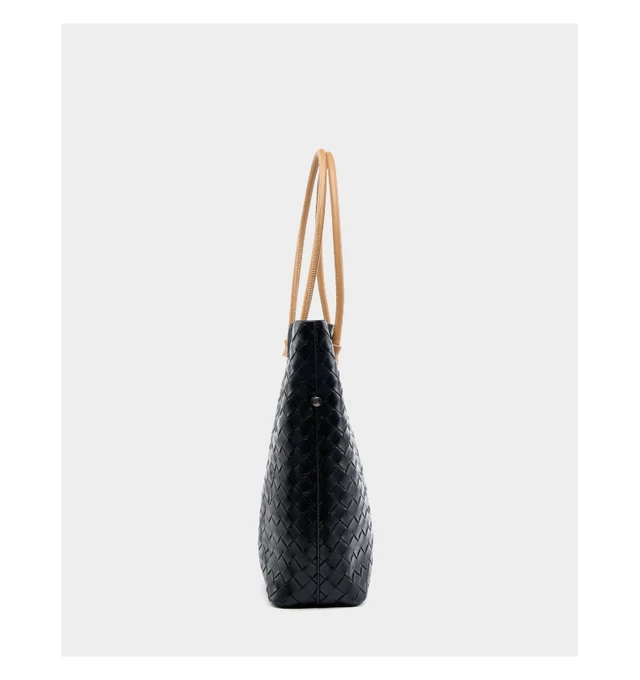 Alt view image 3 of 4 - Women's Woven Bag Large Capacity Cowhide Handbag Black